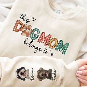 Dog mom Christmas sweatshirt, personalized gift for dog lovers - This Human Belongs To, Sweatshirt With Custom Clipart Custom Photo On Sleeve