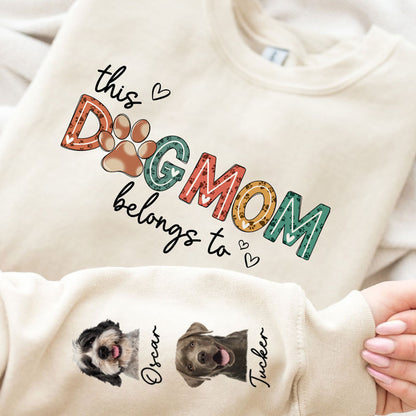 Dog mom Christmas sweatshirt, personalized gift for dog lovers - This Human Belongs To, Sweatshirt With Custom Clipart Custom Photo On Sleeve