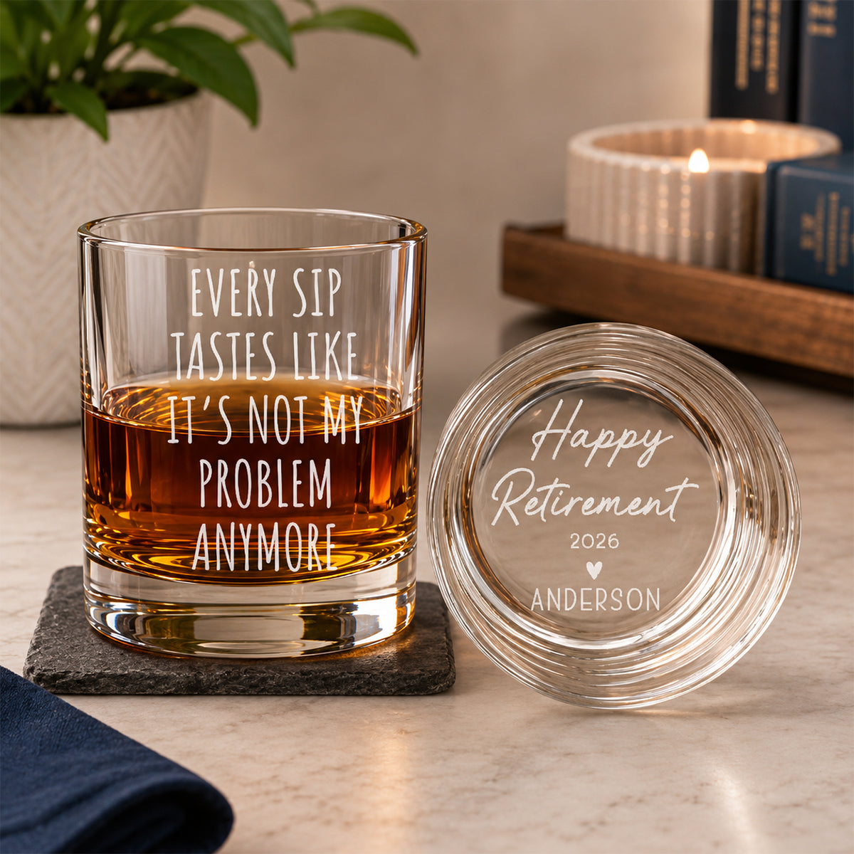 Every Sip It's Not My Problem Anymore, Customized Name Engraved Rock Glass, Retirement Gifts