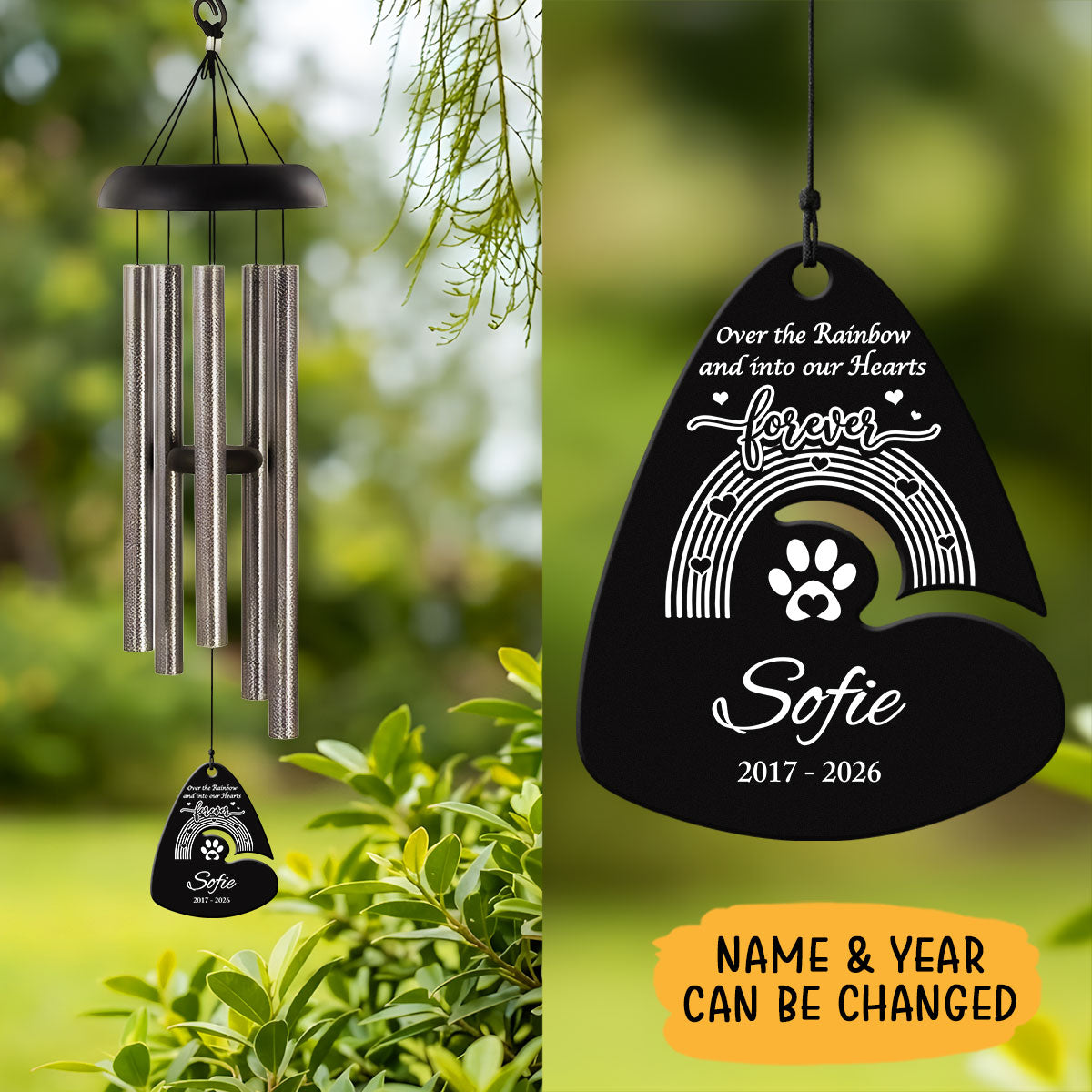 Over The Rainbow, Personalized Memorial Wind Chimes With Guitar Pick Sail, Custom Name And Date