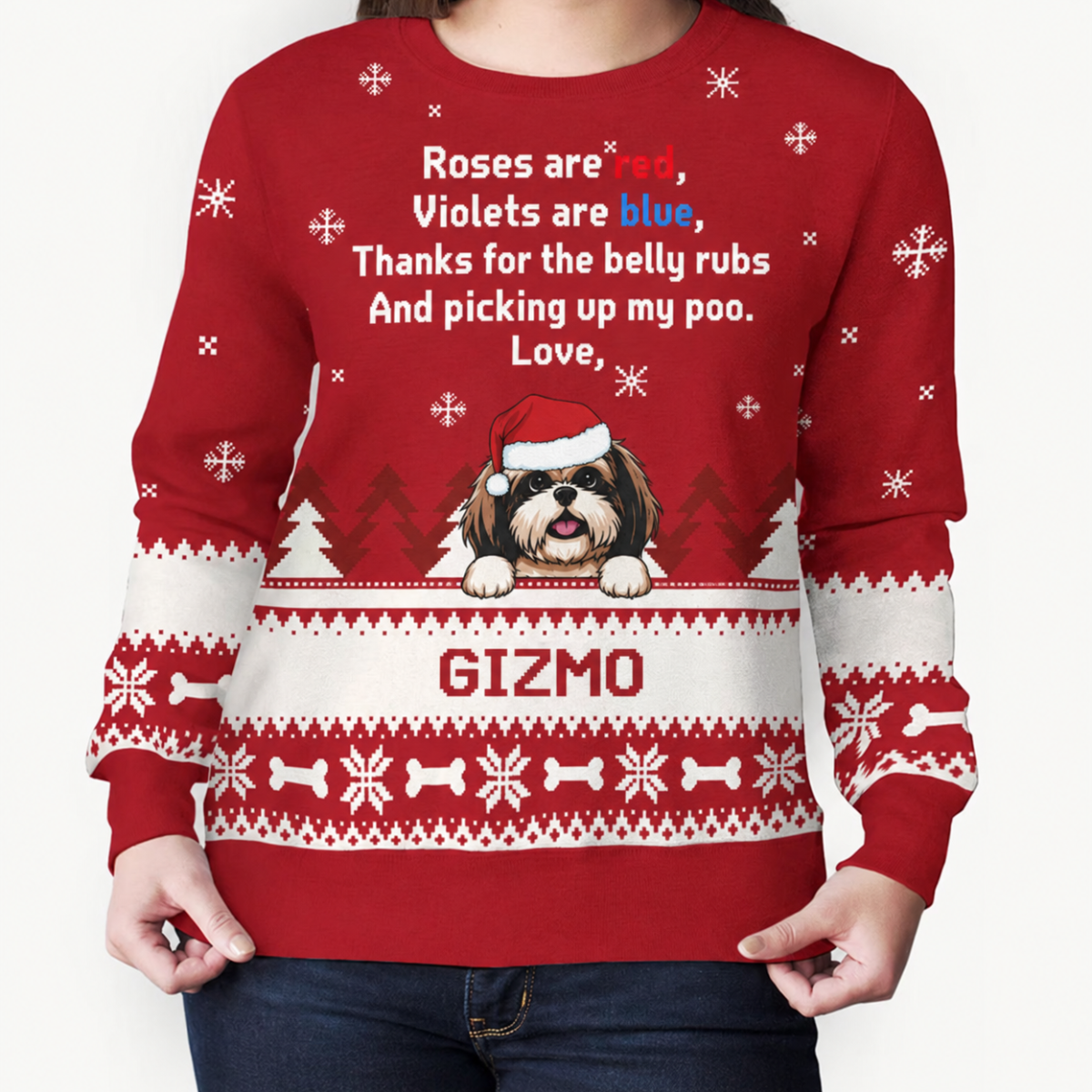 Dog mom Christmas all-over-print sweatshirt, personalized gift for dog lovers - Roses are red, custom printed sweatshirt for dog lovers