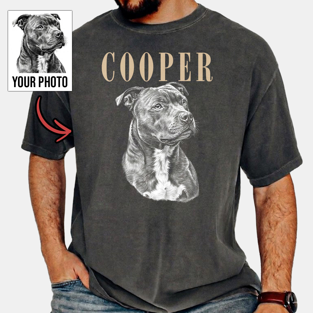 Vintage Pet Greyscale Personalized Photo Shirt, Washed Tee, Dog's Lover