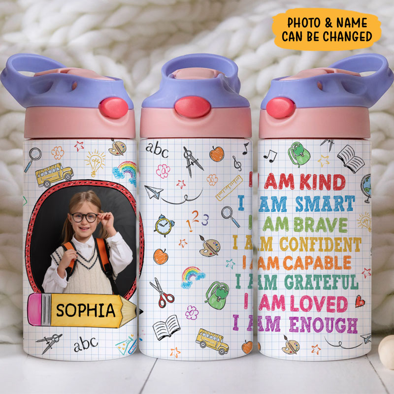 I'm Kind Smart Brave Confident, Personalized Water Bottle With Straw, Back To School Gift For Kid, Custom Photo