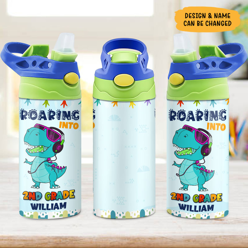 Roaring To School Dinosaur, Personalized Water Bottle With Straw, Back To School Gift For Kids