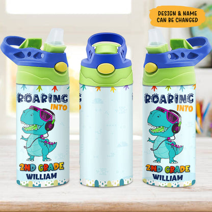Roaring To School Dinosaur, Personalized Water Bottle With Straw, Back To School Gift For Kids