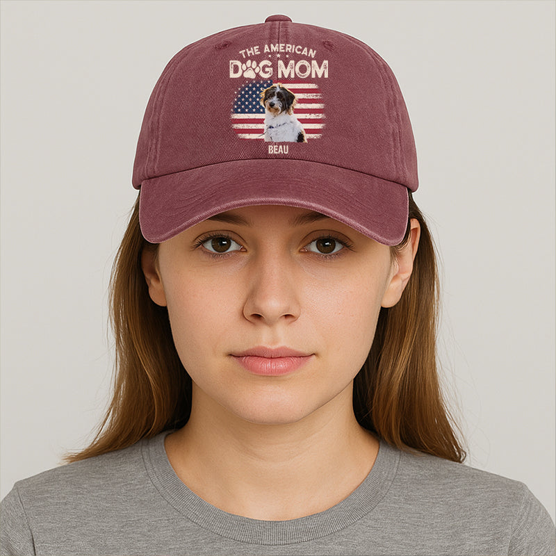 The American Dog Dad Dog Mom Dark Hat, Printed Vintage Cotton Washed Cap, Gifts For Pet Lovers, Custom Photo