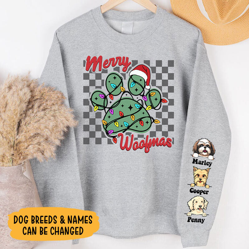 Merry Woofmas, Personalized Sweatshirt Custom Name On Sleeve, Christmas Gift For Dog Lovers