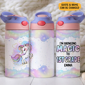 I'm Bringing Magic To School Unicorn, Personalized Water Bottle With Straw, Back To School Gift For Kid