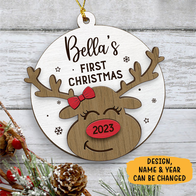 Baby First Christmas Deer, Christmas 2 Layers Wooden Ornament, Custom Gift For Baby