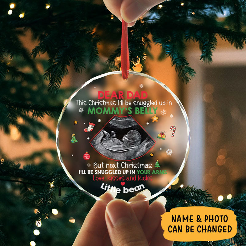 I'll Be Snuggled In Mommy's Belly, Personalized Glass Ornament, Custom Photo Gifts for Dad-to-be