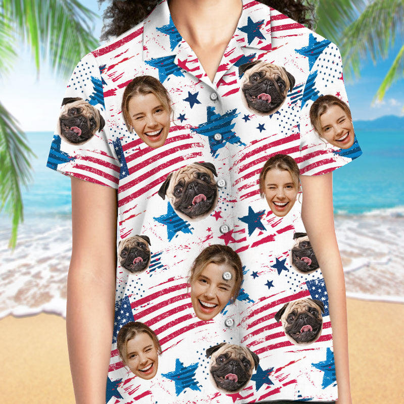 Custom Face US Flag Pattern, Personalized Hawaiian Shirt, Custom Photo