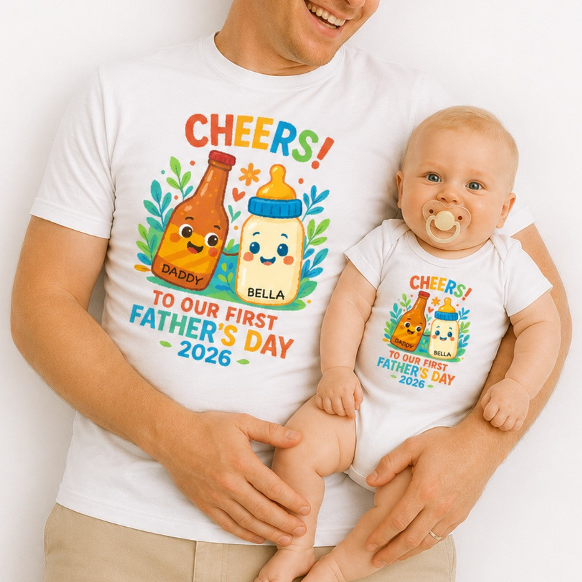 Personalized Our First Father's Day 100% Cotton T-shirt Baby Bodysuit with Name and Year Birthday Gift for Baby Daddy