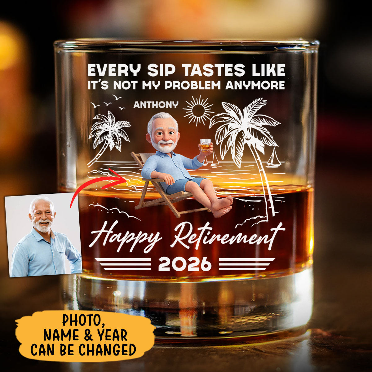 Every Sip It's Not My Problem Anymore, Personalized Engraved Rock Glass, Retirement Gifts