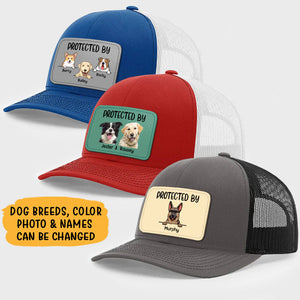 Protected By Dog, Personalized Trucker Leather Patch Hat, Gifts For Dog Lovers, Custom Photo
