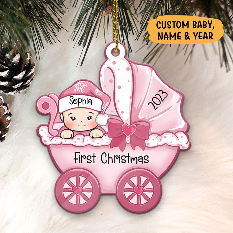 Baby's First Christmas, Baby Carriage, Christmas Shaped Ornament, Custom Gift for Baby