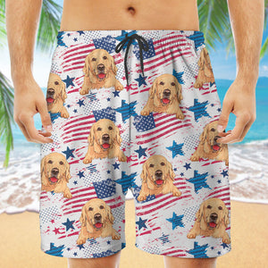 Custom Peeking Dog American Flag Hawaiian Pattern, Personalized Beach Shorts, Gifts For Dog Lovers