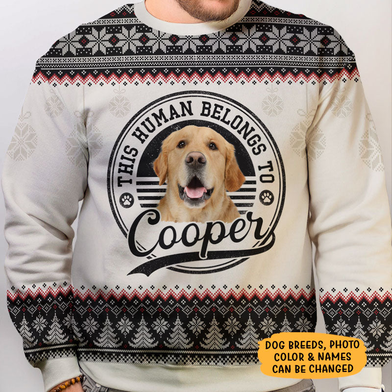 This Human Belongs To, Personalized All-Over-Print Ugly Sweater, Gift For Dog Lovers