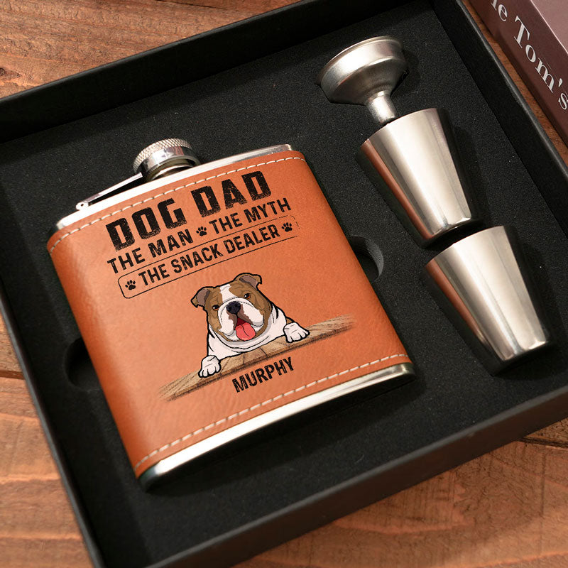 The Man The Myth The Snack Dealer, Personalized Leather Flask, Gift For Dog Dad
