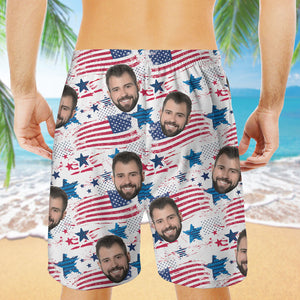 Custom Face American Flag Hawaiian Pattern, Personalized Beach Shorts, Custom Photo