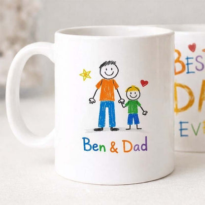 Personalized Best Dad Ever Mug, Kids Drawing Style Coffee Mug, Custom Family Name Mug, Father’s Day Gift for Dad from Kids