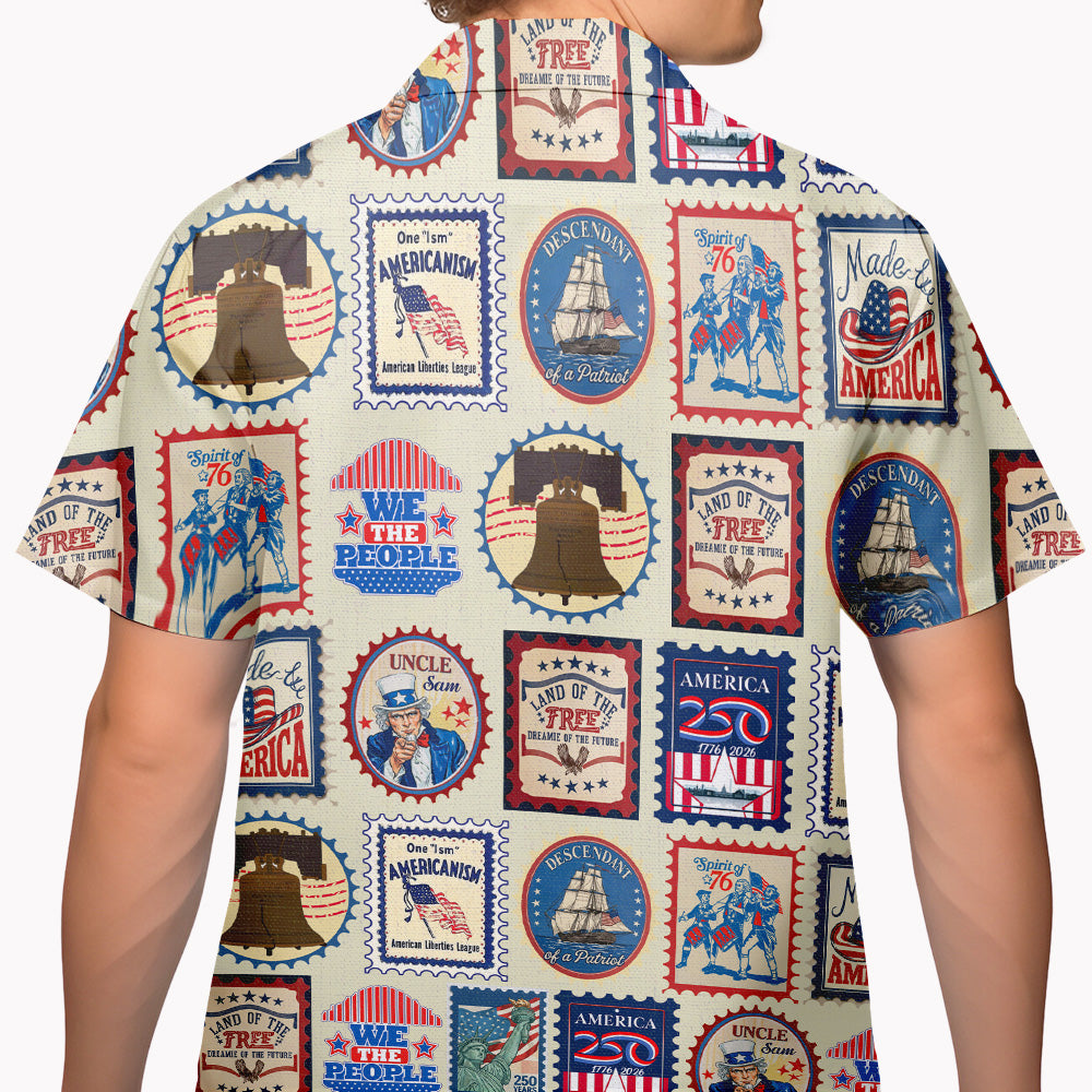 Patriotic America 250 Hawaiian Shirt, Vintage Stamp Print Button Up Shirt, 4th Of July USA, 250th Anniversary Of The USA Hawaiian Shirt