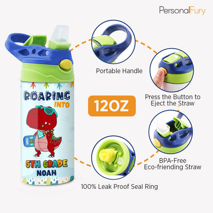 Roaring To School Dinosaur, Personalized Water Bottle With Straw, Back To School Gift For Kids