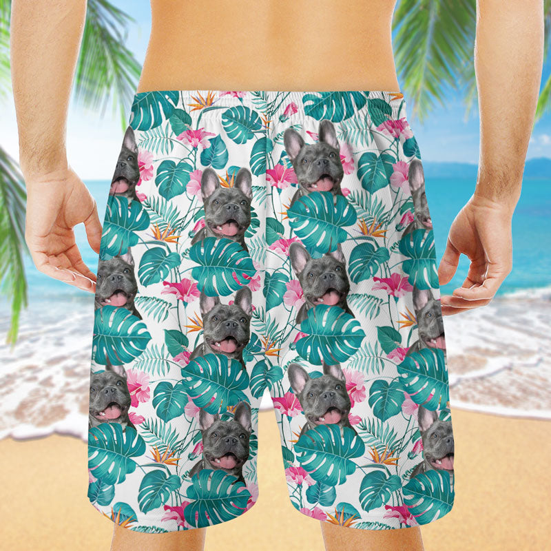 Pet Face Tropical Leaf Hawaiian Pattern, Personalized Beach Shorts, Gifts For Pet Lovers, Custom Photo