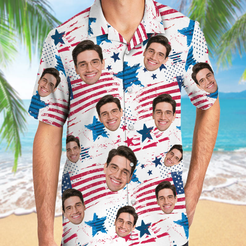 Custom Face US Flag Pattern, Personalized Hawaiian Shirt, Custom Photo