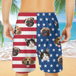 Pet Face American Flag Hawaiian Pattern, Personalized Beach Shorts, Gifts For Pet Lovers, Custom Photo