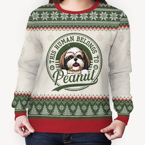 This Human Belongs To, Personalized All-Over-Print Ugly Sweater, Gift For Dog Lovers