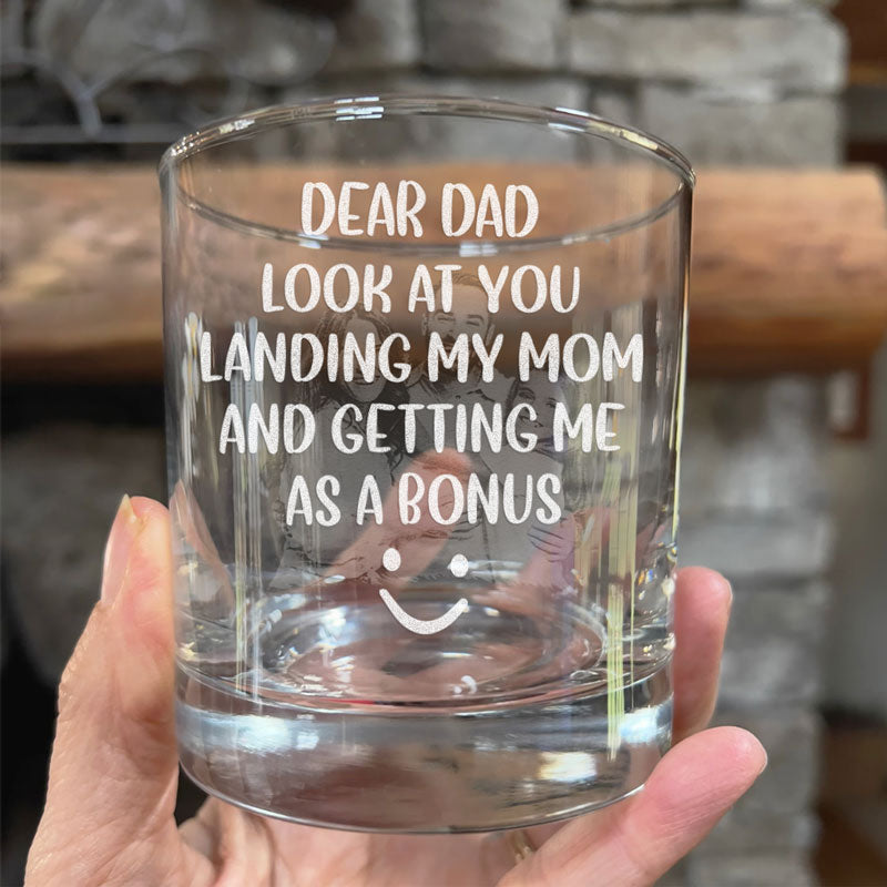 Getting Me As A Bonus, Personalized Engraved Rock Glass, Gift For Dad, Custom Photo