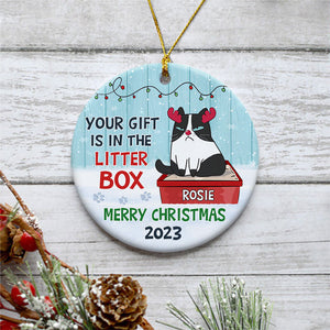 Your Gift In Litter Box, Personalized Circle Ornaments, Christmas Gift for Cat Lovers