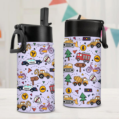 Vehicle Background Bottle, Personalized Water Bottle With Straw, Back To School Gift For Kid