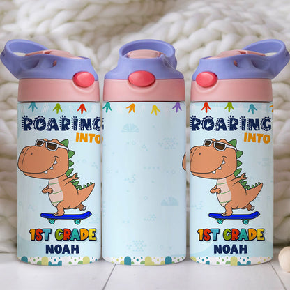 Roaring To School Dinosaur, Personalized Water Bottle With Straw, Back To School Gift For Kids