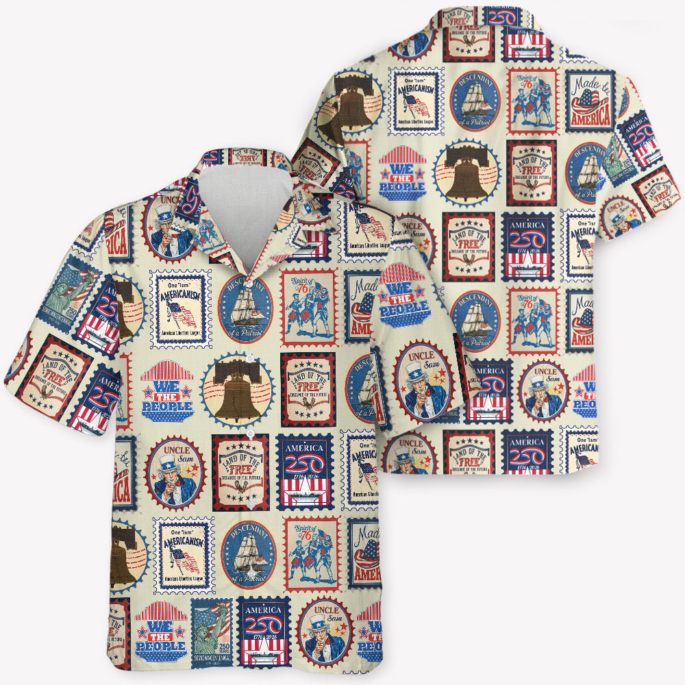 Patriotic America 250 Hawaiian Shirt, Vintage Stamp Print Button Up Shirt, 4th Of July USA, 250th Anniversary Of The USA Hawaiian Shirt