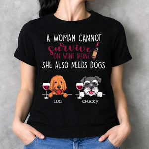 Funny dog shirt, personalized gift for dog lovers - A woman cannot survive on wine, dark color, custom t-shirt for dog lovers