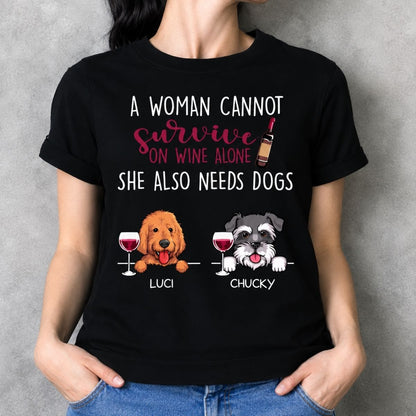 Funny dog shirt, personalized gift for dog lovers - A woman cannot survive on wine, dark color, custom t-shirt for dog lovers