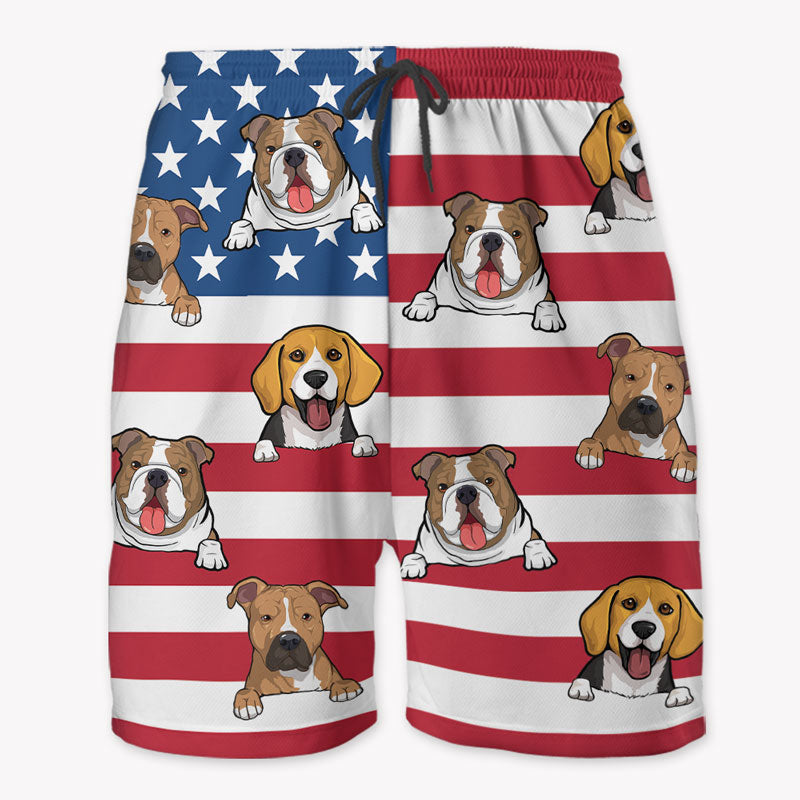 Custom Peeking Dog American Flag Hawaiian Pattern, Personalized Beach Shorts, Gifts For Dog Lovers