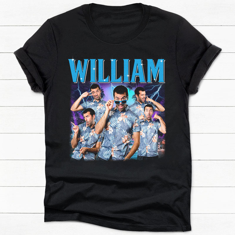 A custom printed black t-shirt with text and imagery featuring multiple people in a casual setting.