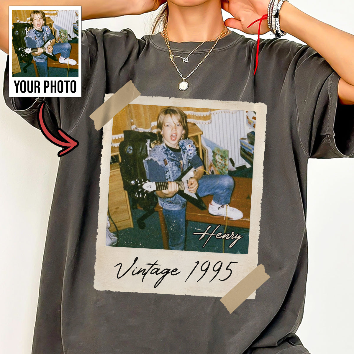 Vintage Polaroid Style Custom Photo Shirt, Washed Tee, Birthday Gift
