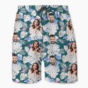 Custom Face Tropical Leaf Hawaiian Pattern, Personalized Beach Shorts, Custom Photo