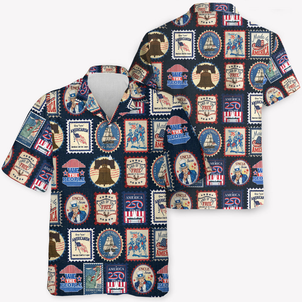Patriotic America 250 Hawaiian Shirt, Vintage Stamp Print Button Up Shirt, 4th Of July USA, 250th Anniversary Of The USA Hawaiian Shirt