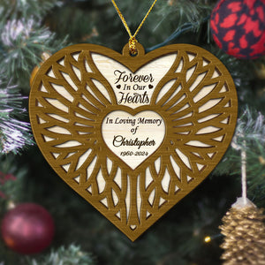 Forever in Our Hearts Angel Wings, Personalized Ornament, Christmas 2 Layers Wooden Ornament, Memorial Gift