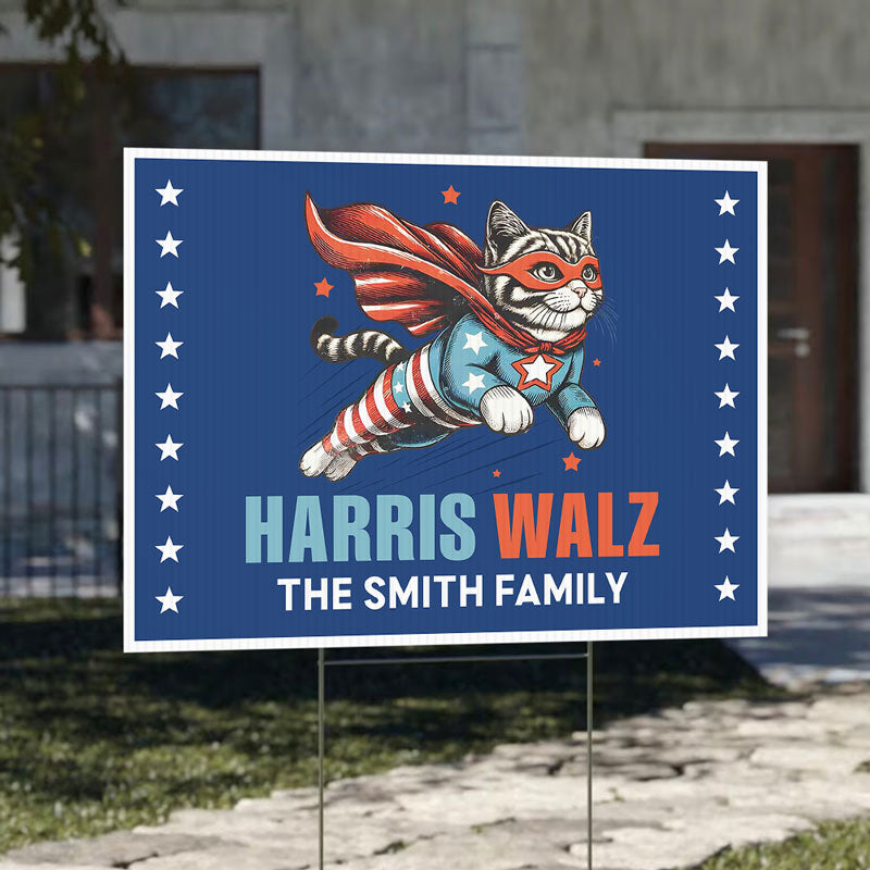 Harris Walz Superhero Cat, Personalized Yard Sign, Kamala Harris Sign, Vote Kamala, Election 2024