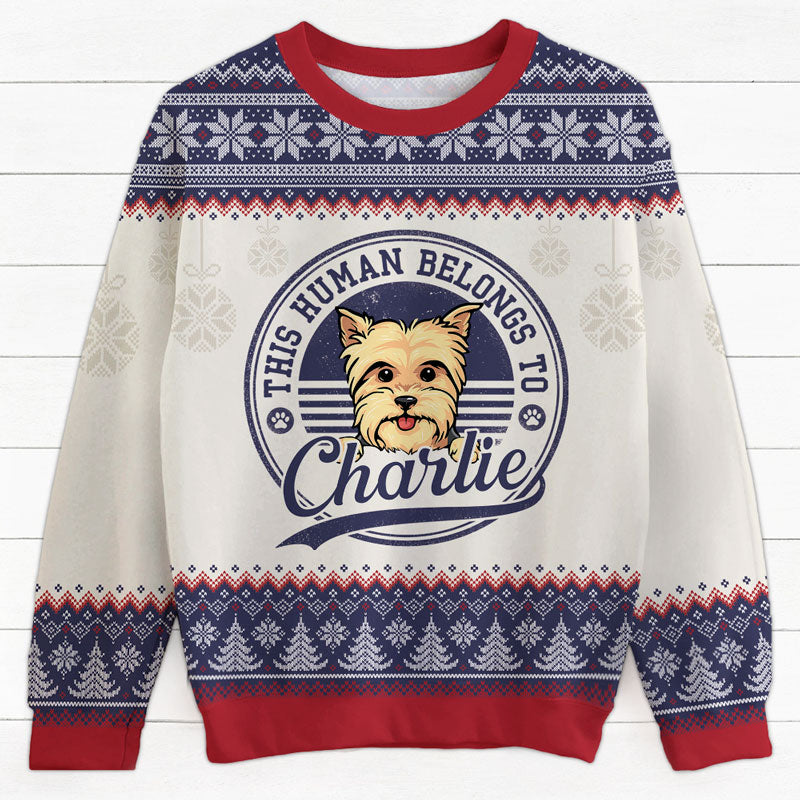 This Human Belongs To, Personalized All-Over-Print Ugly Sweater, Gift For Dog Lovers