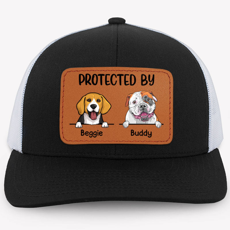 Protected By Dog, Personalized Trucker Leather Patch Hat, Gifts For Dog Lovers, Custom Photo