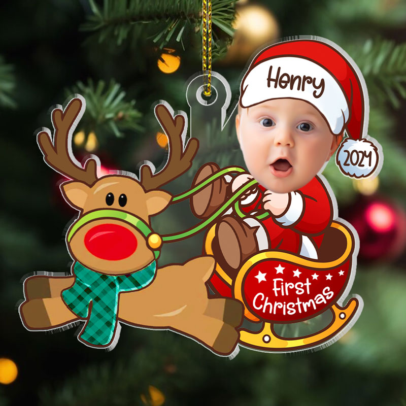 First Christmas Baby Santa Reindeer, Personalized Shape Ornaments, Baby Ornaments, New Born Gift, Custom Photo