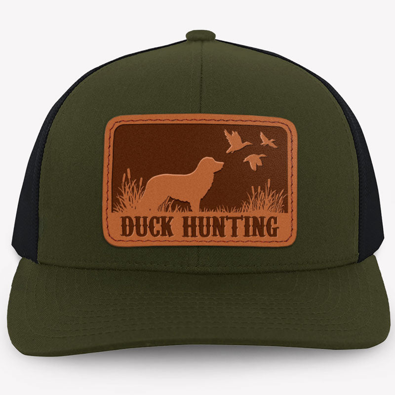 Dog Hunting Duck Hat, Personalized Trucker Leather Patch Hat, Gift For Dad