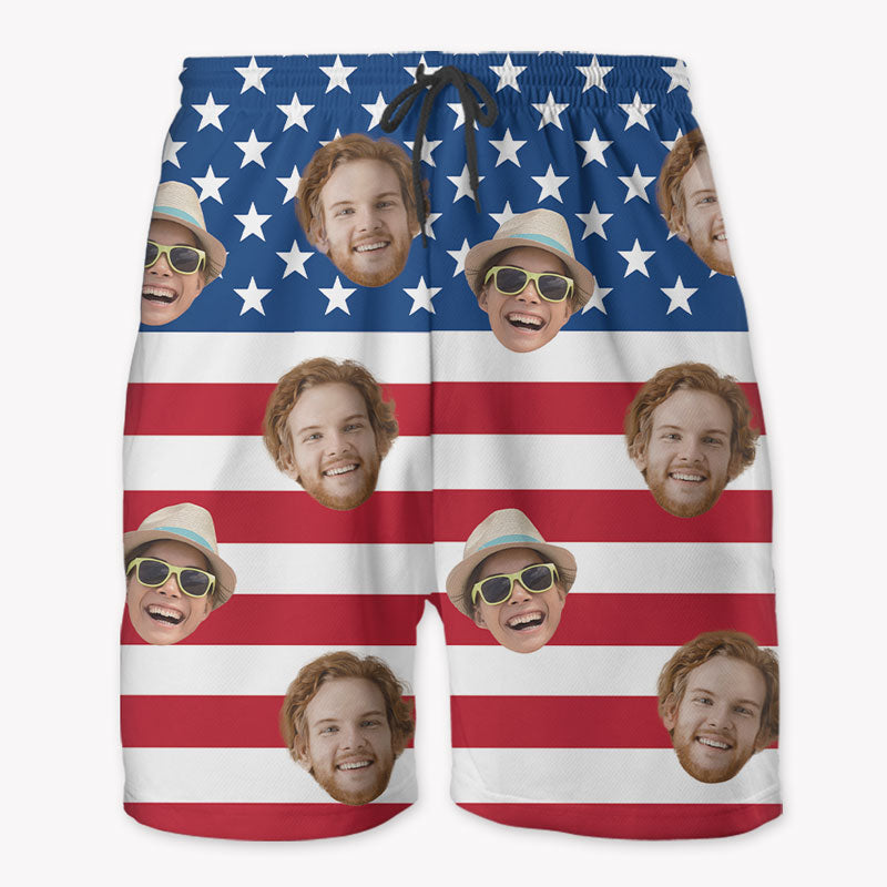 Custom Face American Flag Hawaiian Pattern, Personalized Beach Shorts, Custom Photo