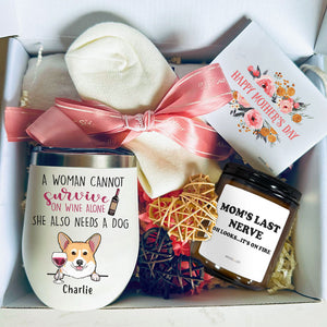 Mother's Day Gift Box For Dog Lovers, Personalized Wine Tumbler Set, A Woman Cannot Survive On Wine Alone